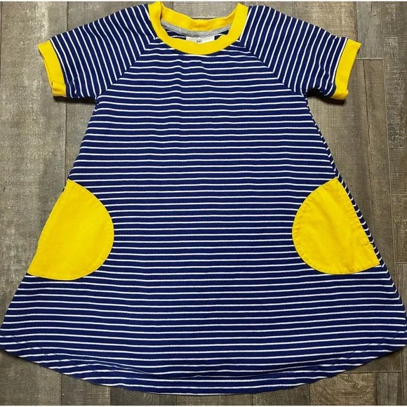 Hanna Andersson Girls Striped Pocket Play Dress Size 100 3T 4T Blue Yellow