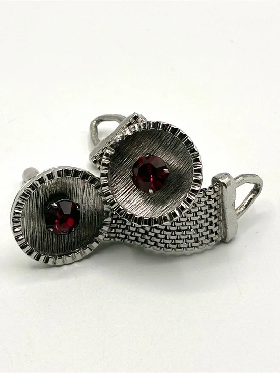 Vintage Silver Tone Mesh Cufflinks Red Rhinestone Wrap Around Formal