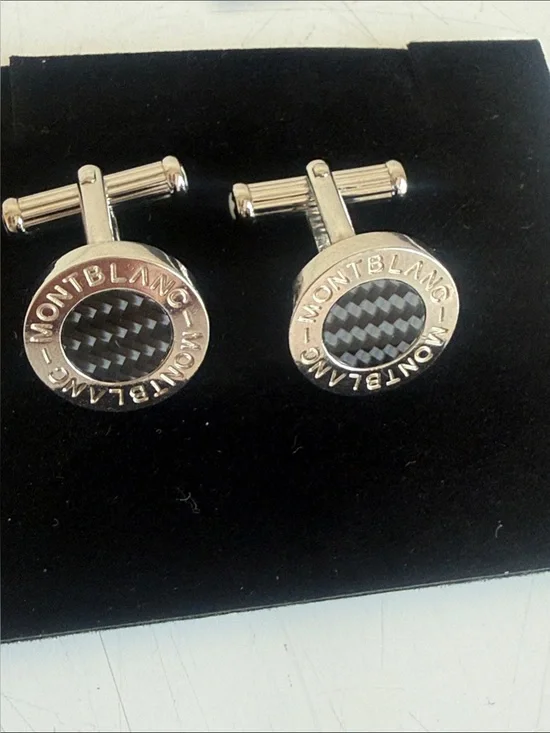 Montblanc Black and Silver Carbon Fiber Round Logo Cufflinks