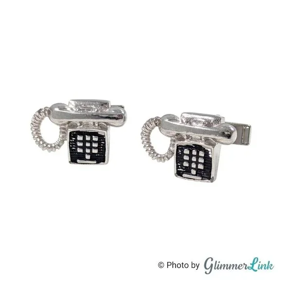 Vintage Retro Touch Tone Desk Landline Telephone Silver Tone Cufflinks