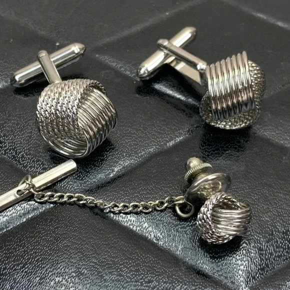 Vintage Silver Tone Woven Knot Cufflinks‎ and Tie Tack Clutch Set Mens Formal