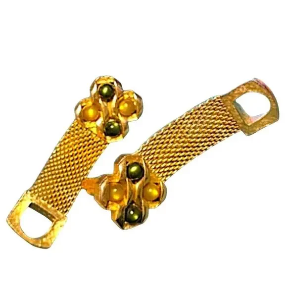 Vintage Swank Gold-Tone Mesh Cufflinks | Green & Amber Cabochon Retro 115