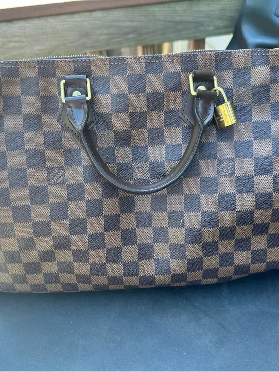 Louis Vuitton Brown Damier Ebene Check Tote with Gold Hardware