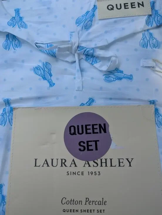 Laura Ashley QUEEN Sheet set 100% cotton percale lobster polka dot blue sheets