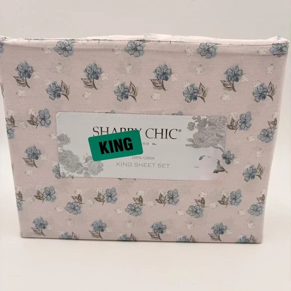 Shabby Chic King Sheet Set 100% Cotton Pink Blue Floral 4pc Cottagecore Bedding