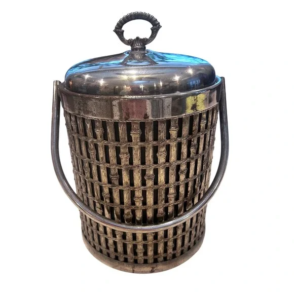 Vintage Hollywood Regency Faux Bamboo Silver‎ Plated Lidded Ice Bucket.