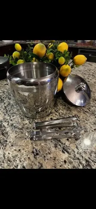 Vintage Hampton Forge 18/10 Stainless Steel Ice Bucket W/2 Sets Of Tongs