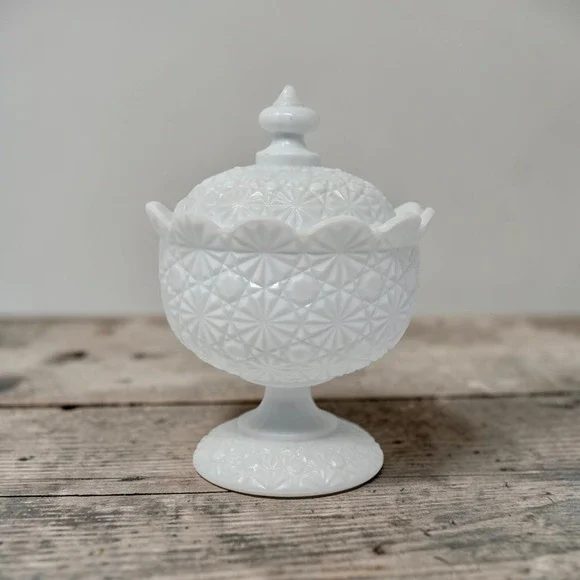 Vtg Fenton Milk Glass-Daisy & Button Pattern Lidded Candy Dish Ice Bucket