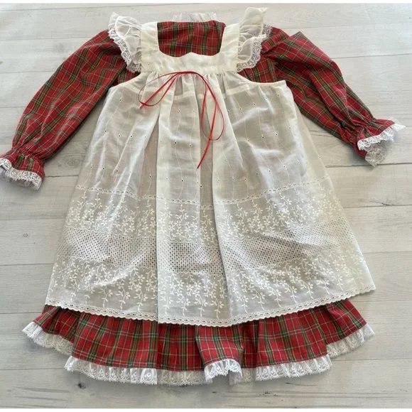 Vintage girls plaid dress with‎ white overlay