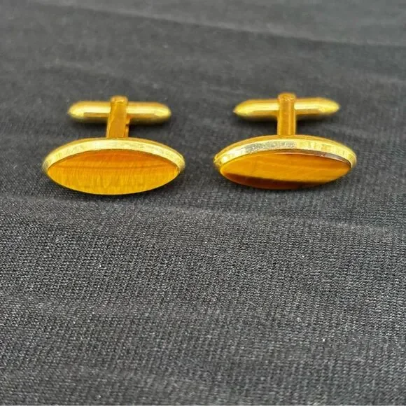 Vintage 1/20 14K Gold Filled Long Oval Tiger Eye Cufflinks Retro Eclectic
