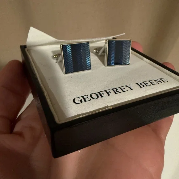 Geoffrey Beene Medal‎ Man Square Blue Stripe Cufflinks Gift Boxed Men