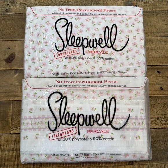 VTG Pink Floral Sleepwell Twin NOS Fitted & Flat Sheet Set USA No Iron Percale