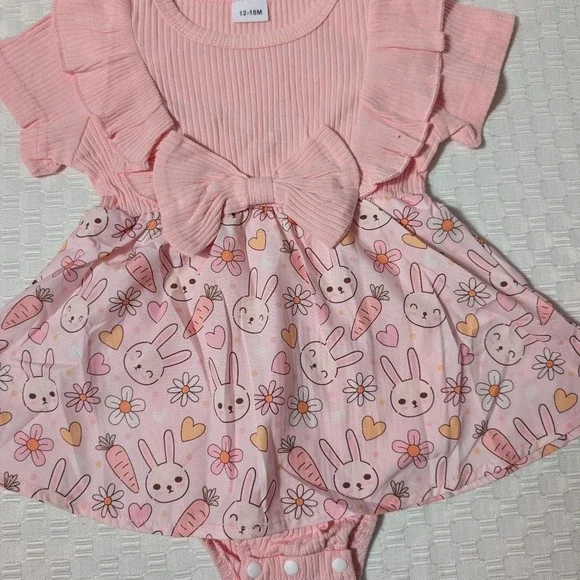 Pink baby dress with bunny, carrot, and heart print, size 12-18 month