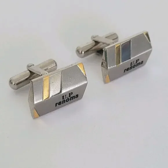 U.P. Renoma Paris Gold Silver‎ Tone Rectangle Logo Cufflinks Designer Geometric