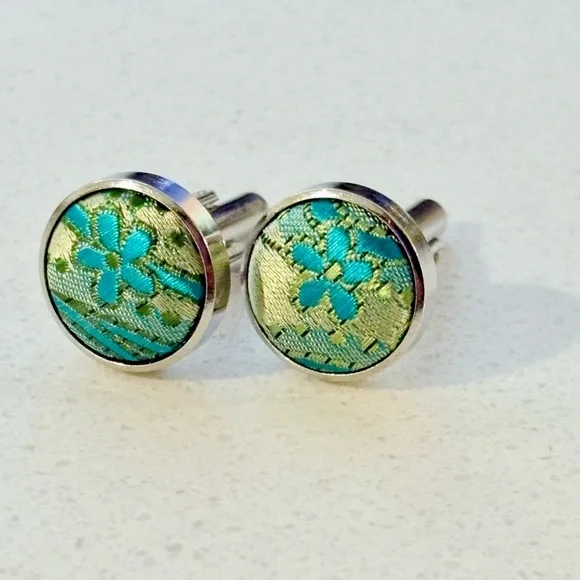 Vintage Floral Embroidered Silver Cufflinks