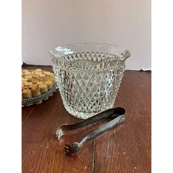 Vintage Diamond Point Pressed Glass Ice Bucket with Silver Tone Claw Tongs Set