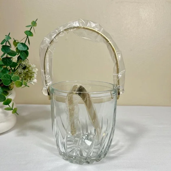 Vintage Crystal Oneida Ice Bucket with Gold Tongs | New without Box
