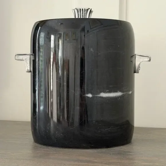 Georges Briard Black Marble Ice Bucket w Lid Silver Handles MCM Mid Century VGUC