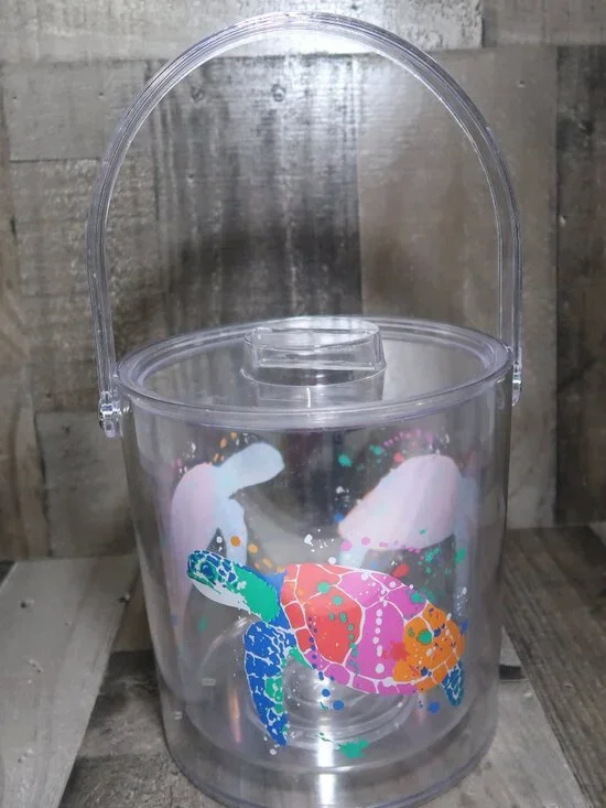 Vintage Lucite Tropical Sea Turtle Ice Bucket with Handle Clear Lid Acrylic