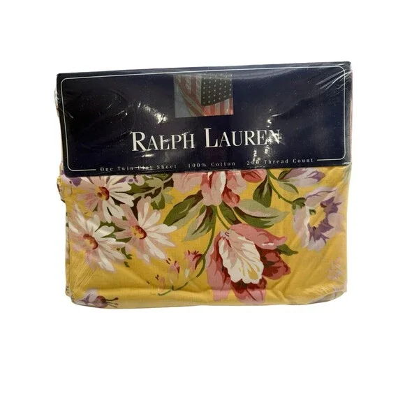 Vintage Ralph Lauren Twin Flat Sheet Brooke Yellow Floral Cottage Core