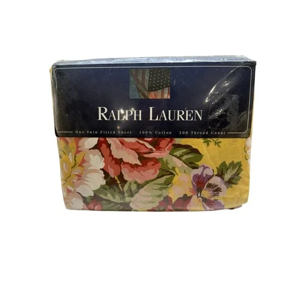 Vintage Ralph Lauren Sophie Brooke Twin Fitted Sheet Yellow Floral Cotton NEW