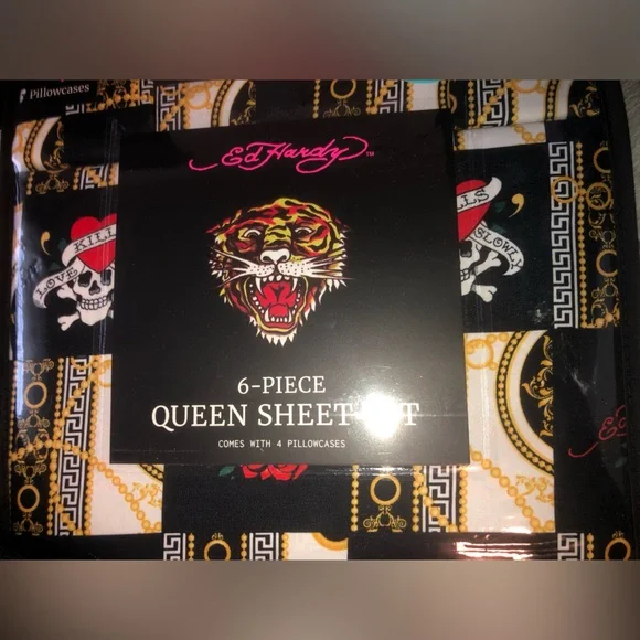 🖤 Ed Hardy Black Sheet Set with Multicolor pattern 🖤 Queen 🖤 6 pieces