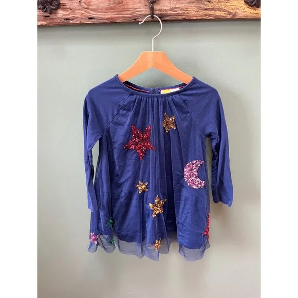 Mini Boden Girls Navy Blue Sequin‎ Star Moon Tulle Dress 5-6Y 116cm Long Sleeve