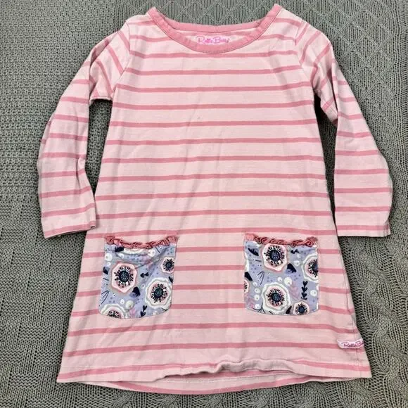 Ruffle Butts Pink Striped Dress with Floral Pockets 4T