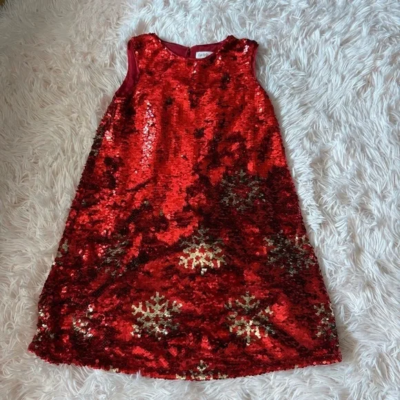 Cat & Jack Red Sequin Dress Silver Snowflakes Reversible 6/6X Small Christmas