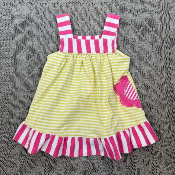 Hanna Andersson Sunny Dress Sunshower ~ Pink and Yellow Striped Dress ~ 3/6M
