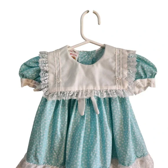 Vintage Winnie The Pooh Girls Dress 2T Light Blue Polka Dot Lace Trim USA‎ Made