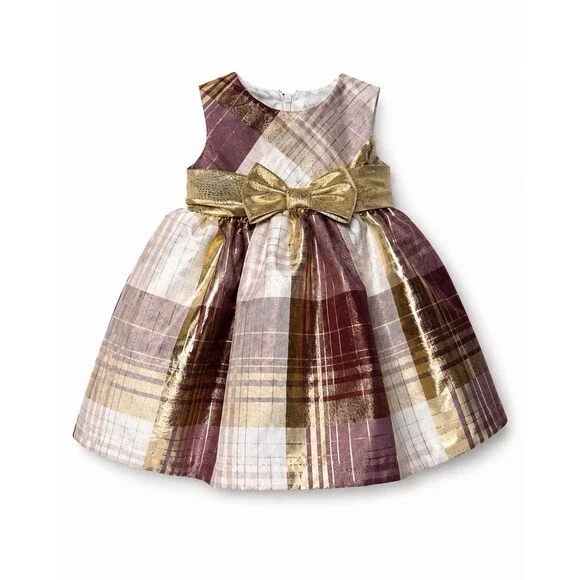 Bonnie Baby Girl’s Sleeveless Metallic Plaid Bow Dress Size 3-6 Months NWOT