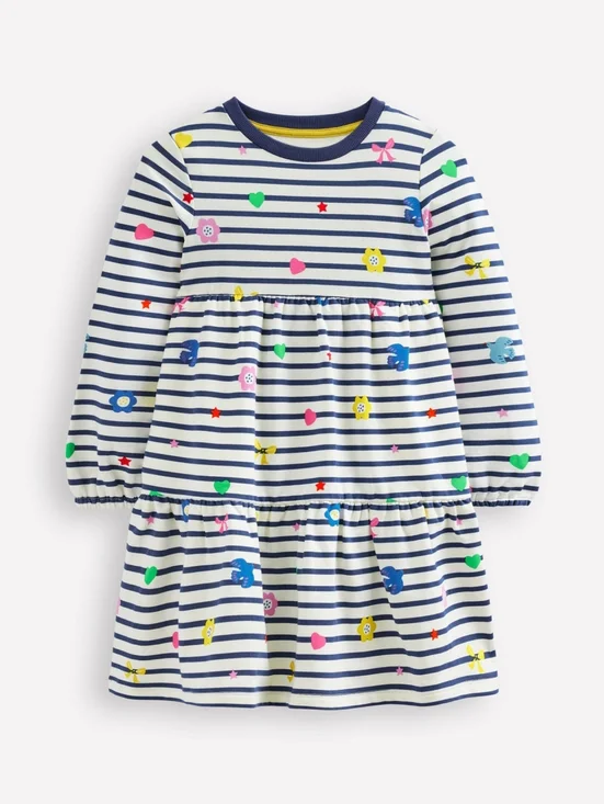 Mini Boden Tiered Sweatshirt Dress Navy/ Ivory Stripe Size 6-7Y