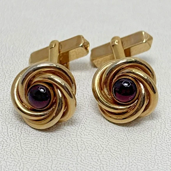 Vtg 50's SWANK Cufflinks Red Jeweled Stone Gold Tone Knot Grandpa Dressy Office