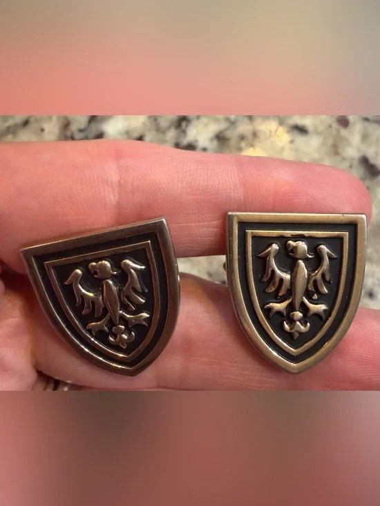 Vintage Swank Silver Tone Shield Shaped Cuff Links with Heraldic Eagle Emblem