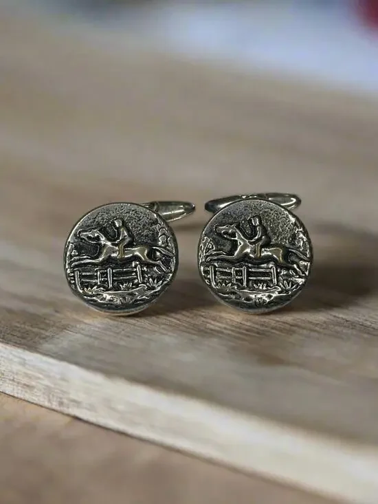 Equestrian Cross Country Horse Racing Vintage Men Silver Tone Fashion Cufflinks