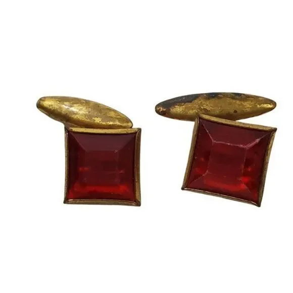 Vintage Red Cuff Links Gold Tone Square Plastic‎ R