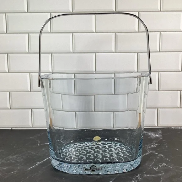 Signed Vintage Swedish Strombergshyttan Thick Glass Ice Bucket Chrome Handle 6