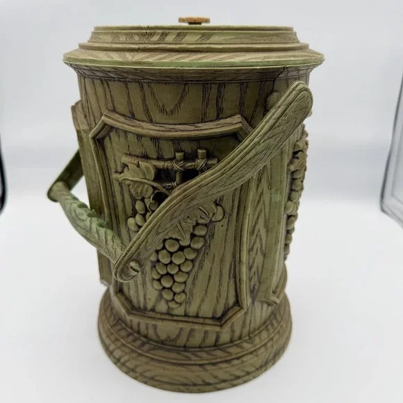 1960s Faux Woodgrain Ice Bucket Grape Cluster Motif Owen Corning Avocado Green