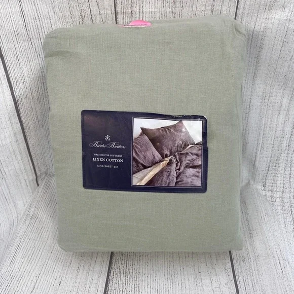 Brooks Brothers Sheet Set King Sage Green Linen Cotton Washed Softness Earthy