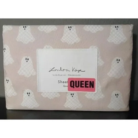 London Kaye Halloween Ghost Dust Pink 4pc Queen Sheet Set  NEW FAST SHIP RARE