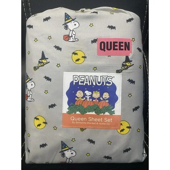 Peanuts Queen Sheet Set Halloween Grey Snoopy & Woodstock Bat Witch Moon& Stars