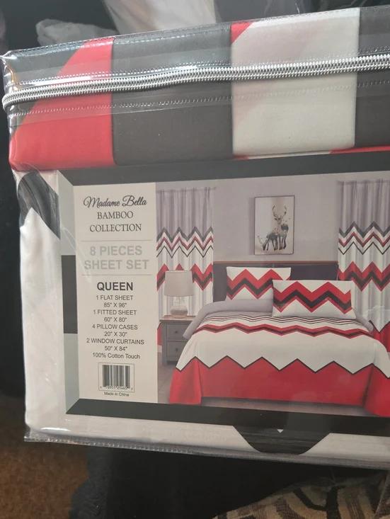 Queen Bamboo Sheet Set in Red, Gray & White