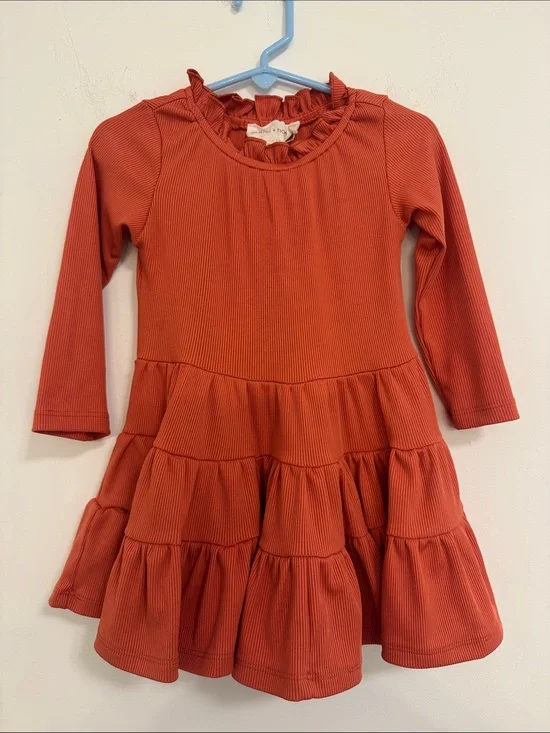 Girls' Tiered Long-Sleeve Dress in Rust Orange