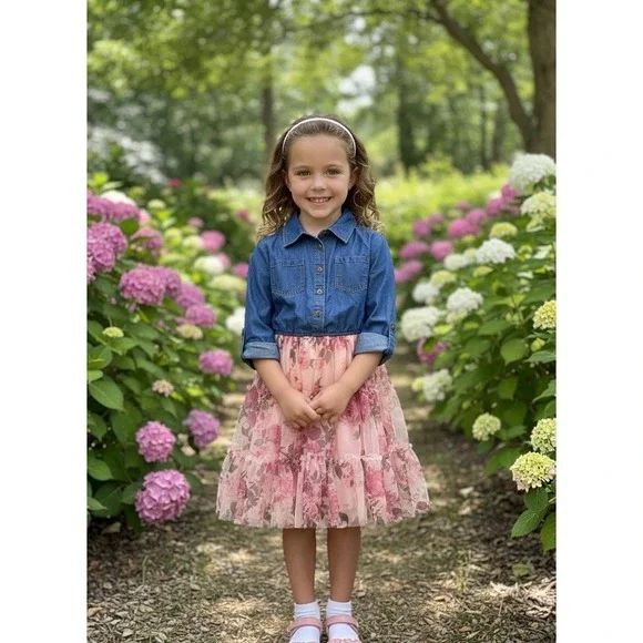 Pink & Violet 2 Pockets Girl 8 Denim Roll Tab Sleeves Flared Tutu Floral Dress
