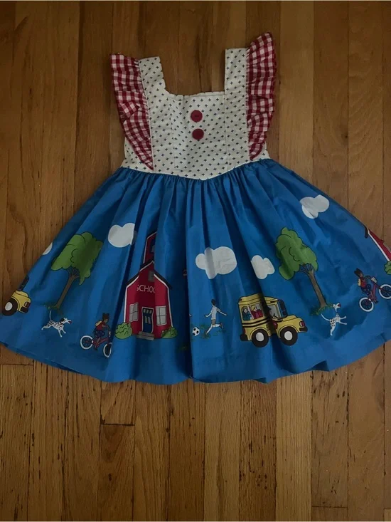 Back to School / Eleanor Rose Blue Dress with Yellow and Red Playful Print