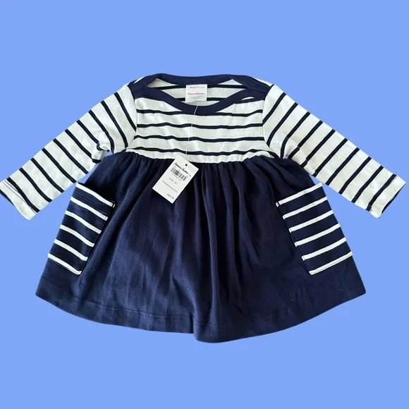 NWT Hanna Andersson‎ baby girl 3-6 months Navy Blue Striped Bodysuit Dress New