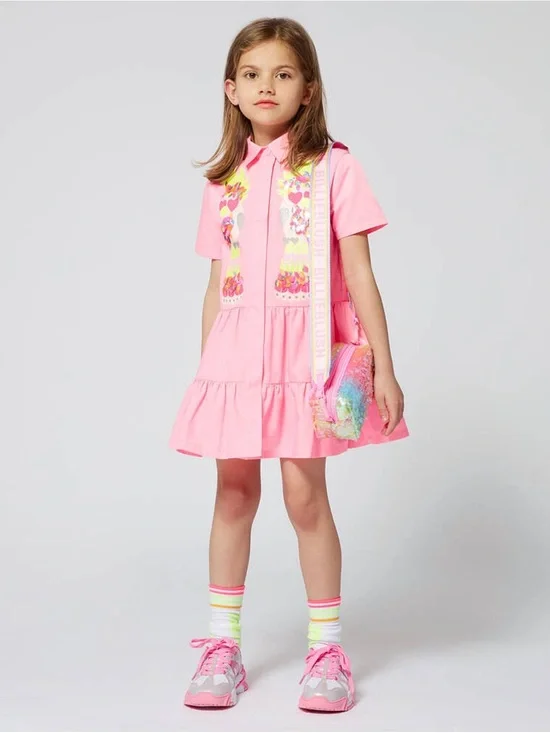 Billieblush Neon Pink Short-Sleeve Tiered Dress w/Sequin Front NWOT sz 8
