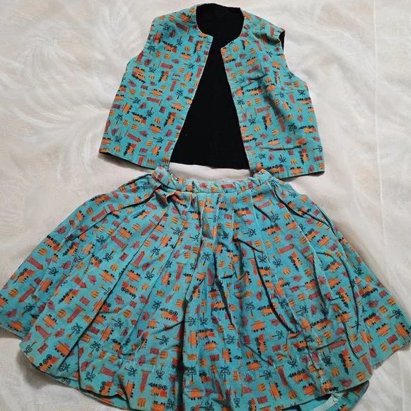 Vintage 1970s 70s Corduroy 2 Piece Vest Skirt Set Kids Childrens Trains