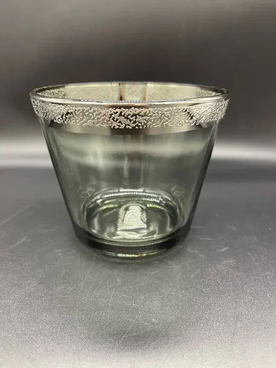 Vintage MCM Smoked Glass Ice Bucket with Embossed Silver Band 5